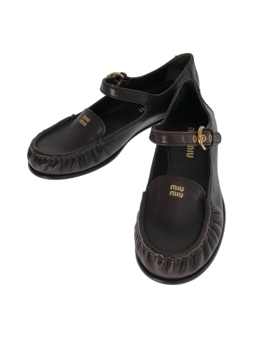 Miu Miu Leather Strap Loafers Brown